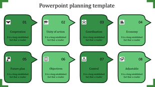 Two row layout of eight green speech bubble shapes representing planning steps, each featuring icons and labels.
