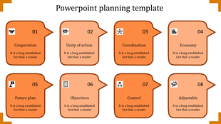 Planning template with eight orange speech bubbles labeled 1 to 8, each with icons and planning terms 