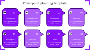A purple PowerPoint planning template with eight sections, each highlighting key concepts with icons and text area.