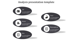 Six oval elements in gray with icons and labels for analysis categories placed in white backdrop.