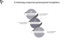Corporate process flow with gray circular nodes and connectors for supply and production stages.