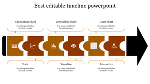 Timeline PowerPoint template with a sections chronology chart to interactive with icons and placeholder text.