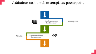 Timeline with blue, green, and orange blocks and white arrows pointing down, connected to a grid and eye icon.