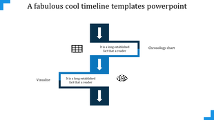 Simple cool timeline PowerPoint slide with blue arrows pointing down, featuring icons for data grid and visualization.