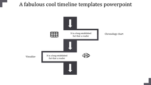 Vertical timeline with gray arrows linking text boxes and icons for chronology and visualization.