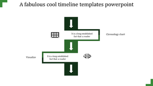 Green and white timeline layout with arrows and two rectangles, featuring a grid and an eye icon for visualization.