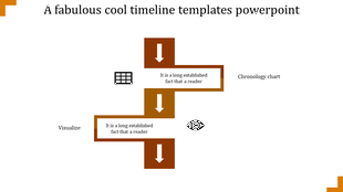 Simple cool timeline PowerPoint slide with orange arrows pointing down, featuring icons for data grid and visualization.