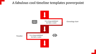 Timeline infographic featuring two red blocks with white arrows pointing downward, connected to icons and text.