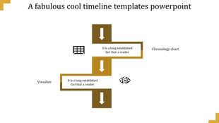 PowerPoint timeline template with yellow arrows and icons for chronology chart and visualization and placeholder text.