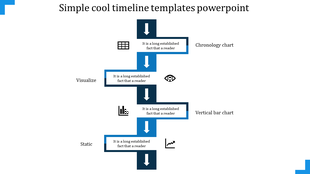 Blue and white timeline design with four directional arrows and black icons illustrating concepts.