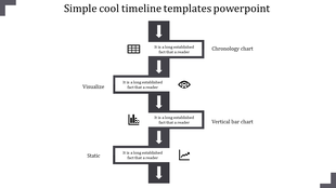 Timeline PowerPoint slide with vertical grey arrows, illustrating chronology, visualization, and static steps with icons.