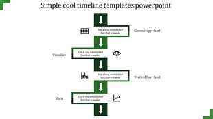 Vertical timeline with green blocks, arrows, and icons for data visualization stages each with placeholder text areas.
