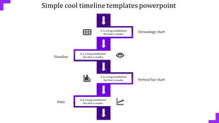 Timeline PowerPoint slide with vertical purple arrows, illustrating chronology, visualization, and static steps with icons.