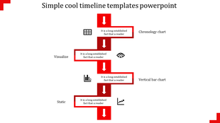 Stepwise red timeline with downward arrows and labels for chronology and static  each with placeholder text areas.