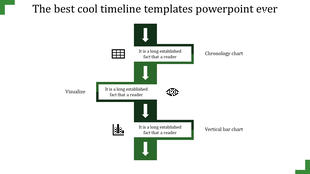 Timeline PPT slide with green arrows pointing downward, featuring icons for chronology, visualization, and bar charts.