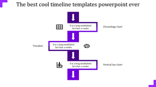 Slide with three purple rectangles and white arrows pointing down, connected to icons and text in a stepwise flow.