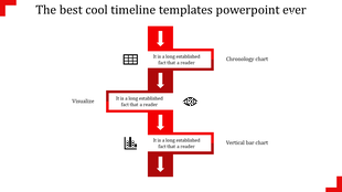 Timeline PPT slide with red arrows pointing downward, featuring icons for chronology, visualization, and bar charts.