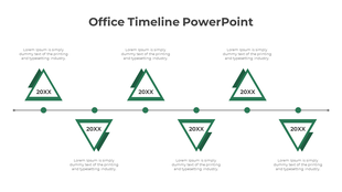 Modern timeline design with six triangular green markers, each labeled 20XX, arranged symmetrically.
