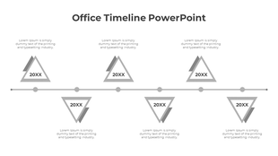Horizontal office timeline with a series of triangular milestones marked with dates along a central line.