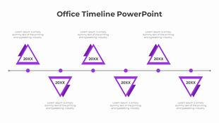 Horizontal timeline with purple triangular markers and placeholder text areas labeled 20XX connected by circular nodes.