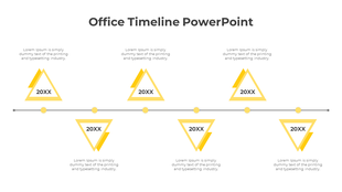 Horizontal timeline with six yellow triangle markers labeled 20XX, connected by a thin line with circular nodes.