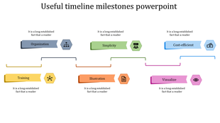 Timeline design with gray, green, blue, pink, orange, and yellow shapes and icons, connected by lines.