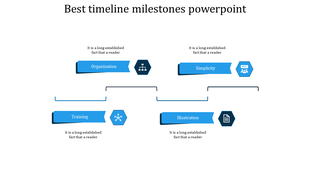 Timeline with blue banners and icons connected by lines, highlighting key milestones with placeholders text areas.