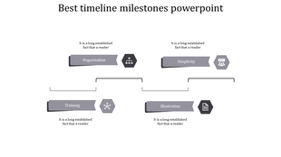 Modern timeline with four gray milestone banners and matching hexagonal icons, connected by curved lines.