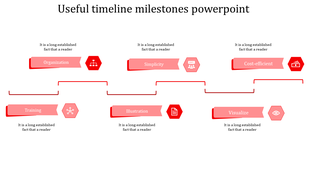 Six step timeline with red banners, hexagonal icons, and connecting lines on a white background.