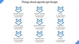 Agenda slide with nine blue arrow shaped icons, each numbered and linked to a topic, arranged in three vertical columns.