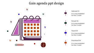 Agenda timeline template with six connected nodes on a blue line, each pointing to slanted captions areas.
