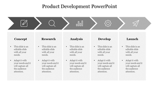 PowerPoint slide showcasing a product development process with five stages from Concept to Launch with grey icons and text.