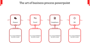 Series of four red rectangular blocks with process icons, connected by arrows in a business flowchart.