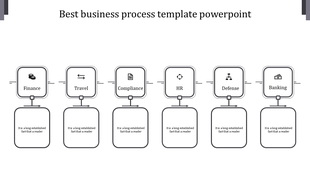Business process diagram PPT slide with gray blocks from finance to banking, each containing text placeholders with icons.