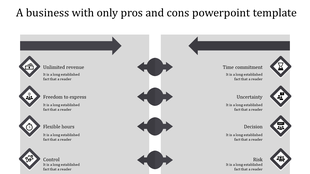 A pros and cons PPT slide with gray arrows separating positive and negative aspects, each with icons and labels.