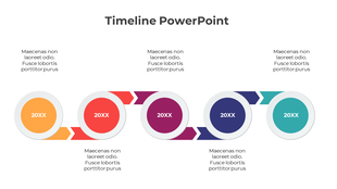 Timeline design with five colored circles in yellow, orange, purple, blue, and teal, representing years, connected by arrows.