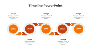 Timeline with alternating blue circles and arrows, displaying year placeholders in a horizontal flow.