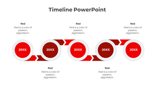 A timeline PPT slide with circular markers, each representing a year, and arrows with descriptive text about the color red.