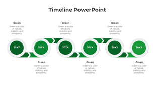 Business growth timeline with six orange arrow boxes featuring icons and connecting lines to text captions.