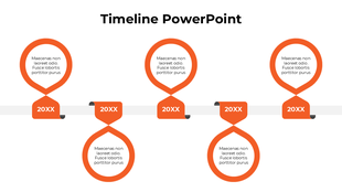 A timeline PowerPoint template in vibrant orange, featuring circular markers and connecting arrows for each milestone.