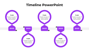 Grey loop timeline with alternating milestones labeled 20XX along a horizontal axis placed in white background.