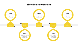 A timeline PowerPoint template in vibrant yellow, featuring circular markers and connecting arrows for each milestone.