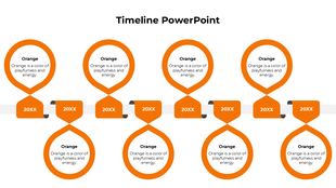 A timeline PPT slide with eight orange steps, each accompanied by a description of the blue color on a white background.