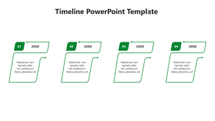 A colorful timeline ideas PowerPoint template with four stages, each represented by green color shapes and captions.