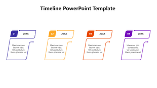 A colorful timeline PowerPoint template with four stages, each represented by different colored shapes and captions.