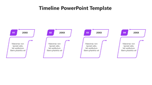 Sequential purple timeline layout with four angled boxes for details and a minimalistic structured design.