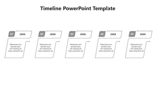 A simple gray timeline PowerPoint template with five sections, each labeled with a number and placeholder text.