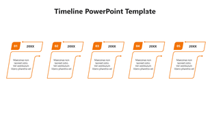 Modern timeline infographic featuring five slanted text boxes in orange with placeholders for years and descriptions.