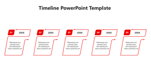 A simple red timeline PowerPoint template with five sections, each labeled with a number and placeholder text.