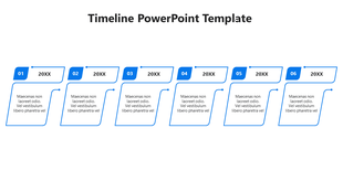 Six-step timeline design with numbered stages and placeholders for content in a blue-themed format.
